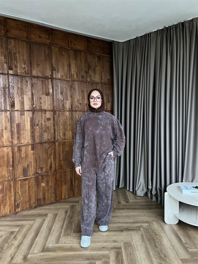 Yıkamalı Eşofman Takım - Kahverengi