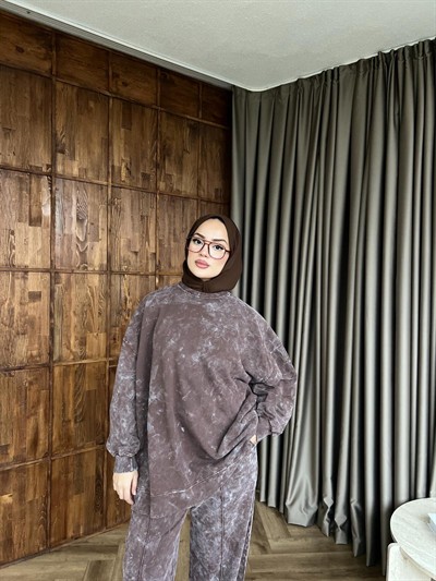 Yıkamalı Eşofman Takım - Kahverengi