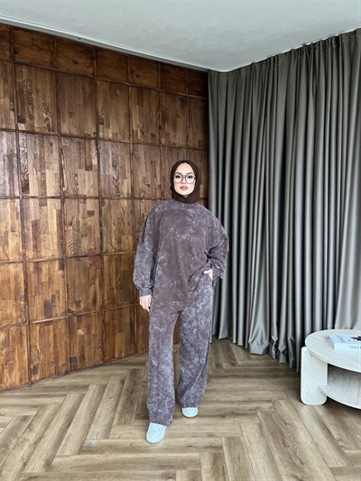 Yıkamalı Eşofman Takım - Kahverengi