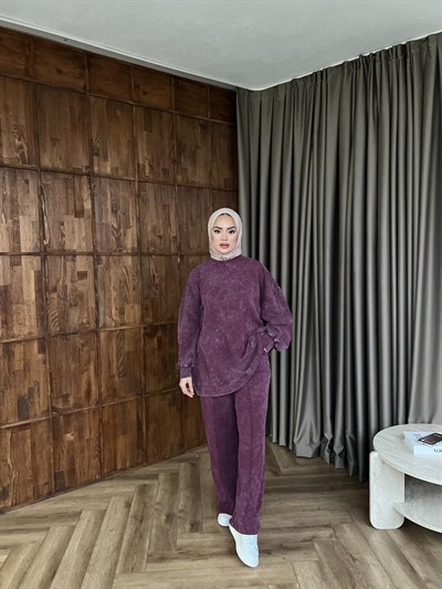 Yıkamalı Eşofman Takım - Mürdüm