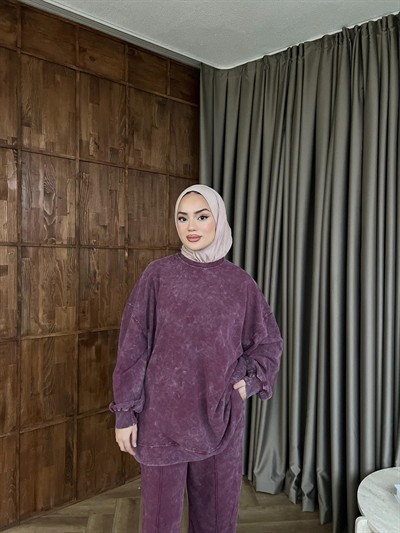 Yıkamalı Eşofman Takım - Mürdüm