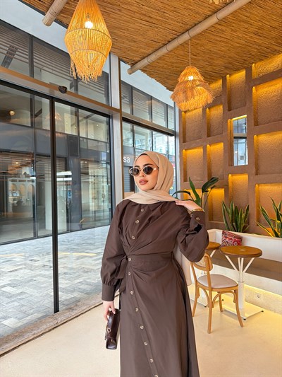 Zenna Düğmeli Elbise - Kahve