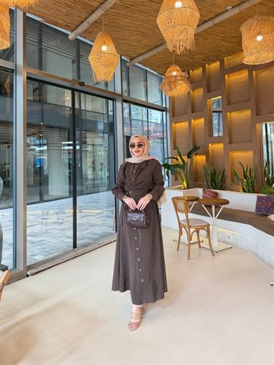 Zenna Düğmeli Elbise - Kahve