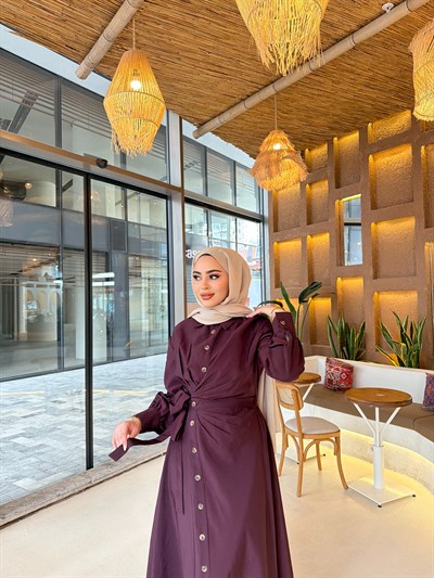 Zenna Düğmeli Elbise - Mürdüm