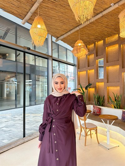 Zenna Düğmeli Elbise - Mürdüm