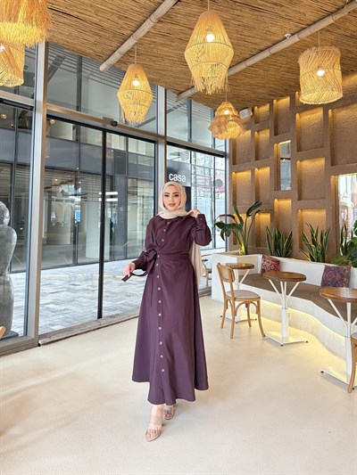 Zenna Düğmeli Elbise - Mürdüm