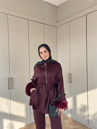 Zeos Kolları Kürk Detaylı Takım - Bordo(ÖN SİPARİŞ)
