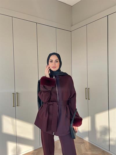 Zeos Kolları Kürk Detaylı Takım - Bordo(ÖN SİPARİŞ)