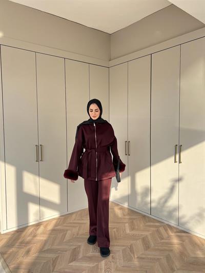 Zeos Kolları Kürk Detaylı Takım - Bordo(ÖN SİPARİŞ)