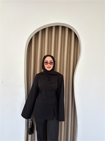 Zero Düğme Detay Bluz - Siyah