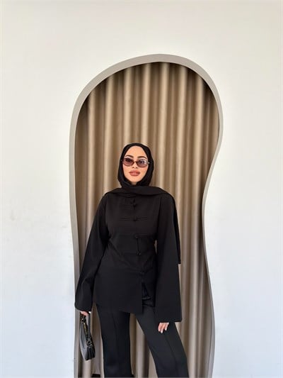 Zero Düğme Detay Bluz - Siyah
