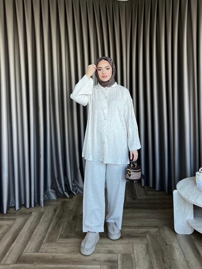 Zeyn Düğmeli Triko Takım - Beyaz