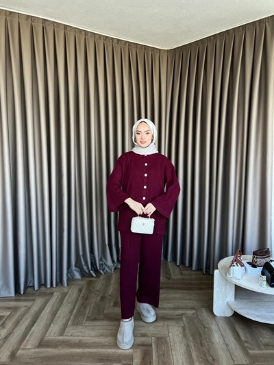 Zeyn Düğmeli Triko Takım - Bordo