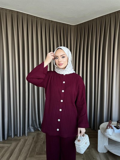 Zeyn Düğmeli Triko Takım - Bordo