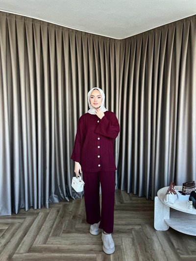 Zeyn Düğmeli Triko Takım - Bordo