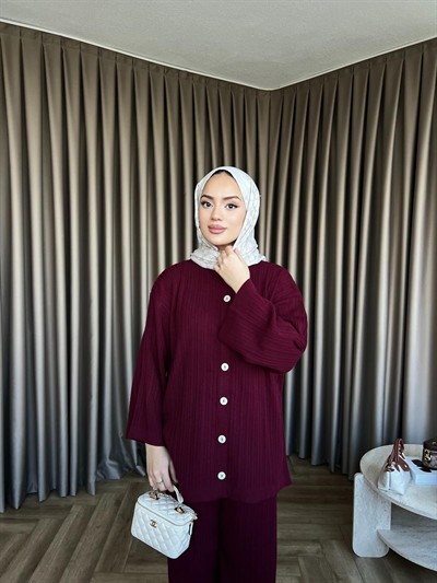 Zeyn Düğmeli Triko Takım - Bordo