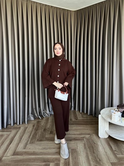 Zeyn Düğmeli Triko Takım - Kahve