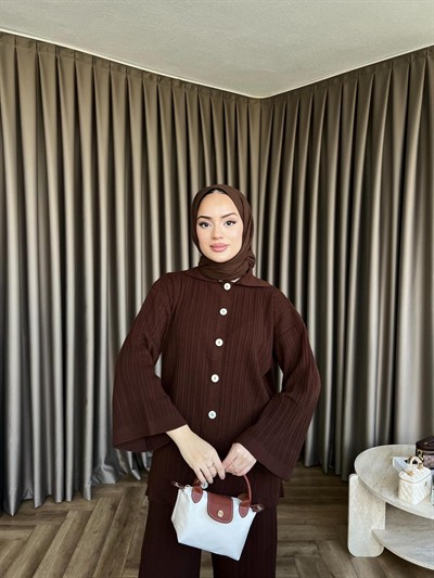 Zeyn Düğmeli Triko Takım - Kahve