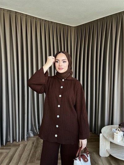 Zeyn Düğmeli Triko Takım - Kahve