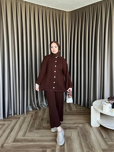 Zeyn Düğmeli Triko Takım - Kahve