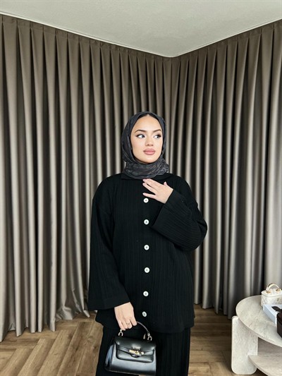 Zeyn Düğmeli Triko Takım - Siyah