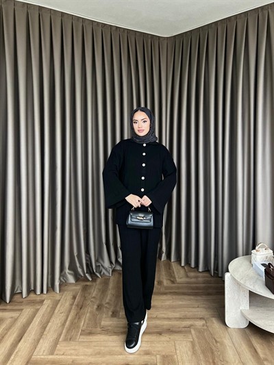 Zeyn Düğmeli Triko Takım - Siyah