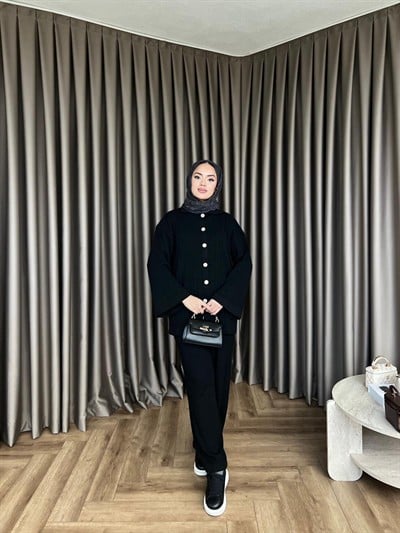 Zeyn Düğmeli Triko Takım - Siyah