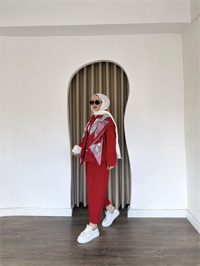 Zişa Düğmeli Takım - Kırmızı
