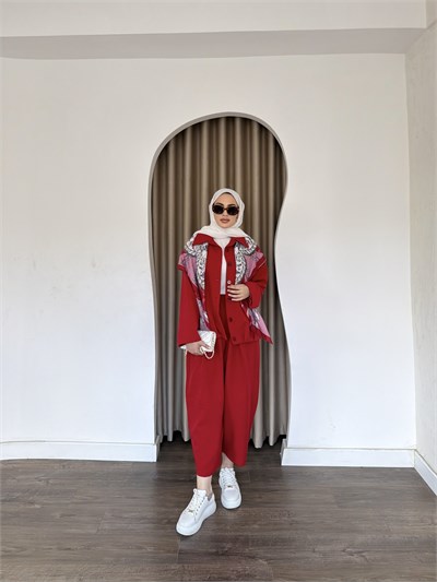 Zişa Düğmeli Takım - Kırmızı