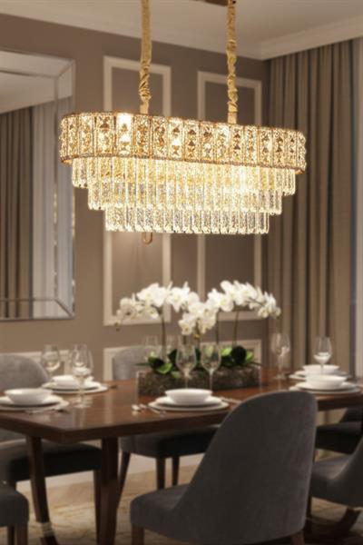Asel Gold 90 cm Kristal Taşlı Modern Avize – Yemek Masası ve Salon