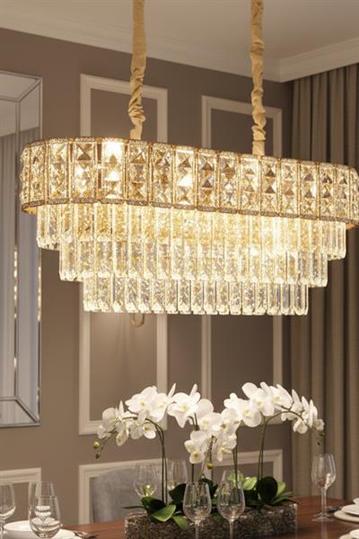 Asel Gold 90 cm Kristal Taşlı Modern Avize – Yemek Masası ve Salon