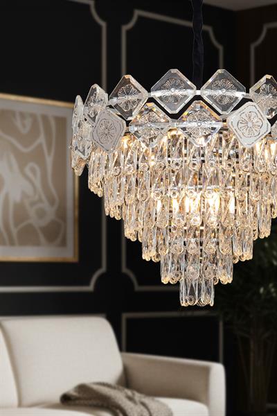 Emir Krom 50 cm Kristal Taşlı Modern Avize – Salon ve Oturma Odası