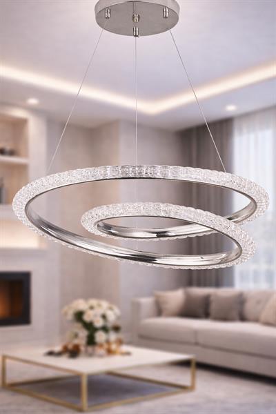 Hella Krom Avize | 50 cm LED Kristal Detaylı Modern Halka Salon Avizesi