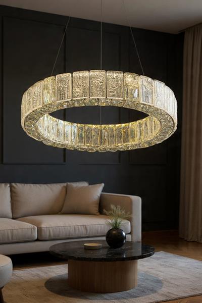 Liva 60 cm Kristal Taş Detaylı LED Avize – Salon & Oturma Odası