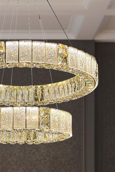 Liva 2li Sarkıt Avize 80 + 50 cm Kristal Taş Detaylı LED Avize - Oturma Odası & Salon