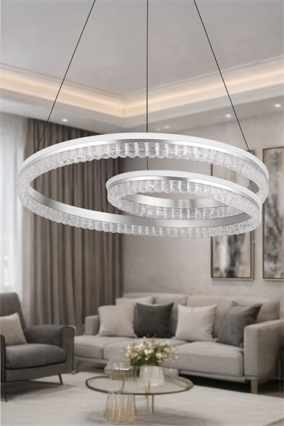 Tomris Krom LED Kristal Sarkıt Avize – Modern Halka Tasarım, Salon & Oturma Odası
