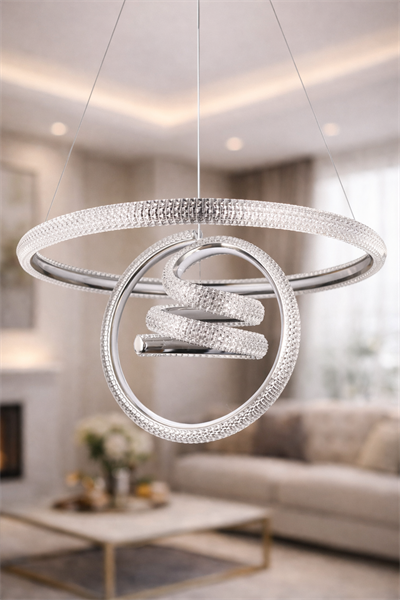 Town Avize | Kristal Detaylı Sarmal ve Halka Formlu LED Salon Avizesi