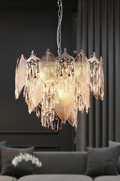 Yaprak Krom 50 cm Kristal Yaprak Detaylı Modern Avize – Salon Oturma Odası