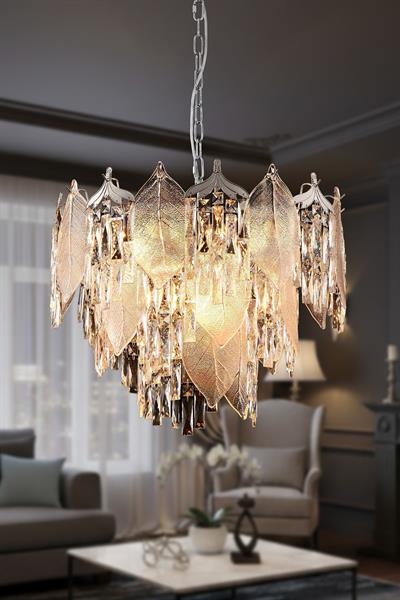 Yaprak Krom 60 cm Kristal Yaprak Detaylı Modern Avize – Salon Oturma Odası