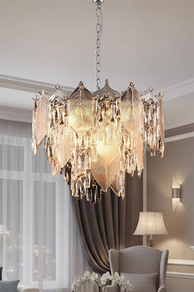 Yaprak Krom 80 cm Kristal Yaprak Detaylı Modern Avize – Salon Oturma Odası