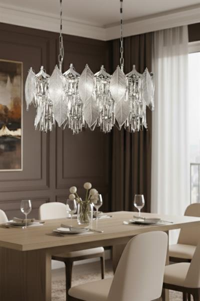 Yaprak Krom 90 cm Kristal Yaprak Detaylı Modern Avize – Yemek Masası Salon