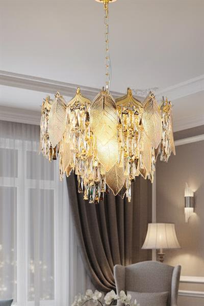 Yaprak Gold 50 cm Kristal Yaprak Detaylı Modern Avize – Salon Oturma Odası