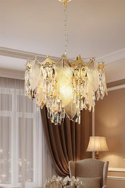 Yaprak Gold 60 cm Kristal Yaprak Detaylı Modern Avize – Salon Oturma Odası