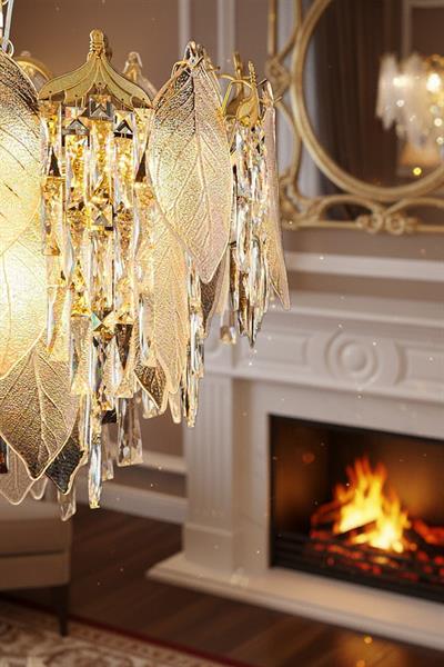 Yaprak Gold 60 cm Kristal Yaprak Detaylı Modern Avize – Salon Oturma Odası