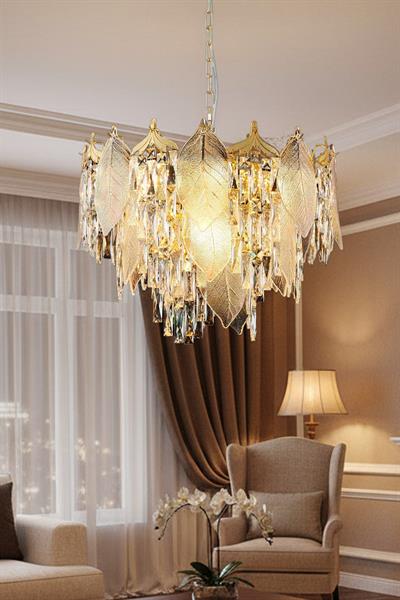 Yaprak Gold 80 cm Kristal Yaprak Detaylı Modern Avize – Salon Oturma Odası