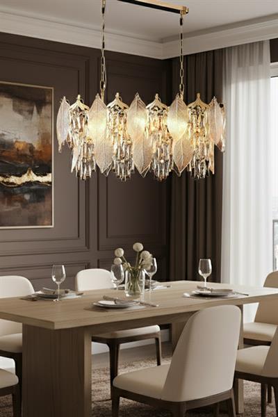 Yaprak Gold 90 cm Kristal Yaprak Detaylı Modern Avize – Yemek Masası Salon
