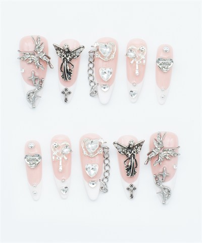 Angelic Charm Protez Jel Takma Tırnak - El Yapımı Kalıcı Oje Nail French Diamond Haç - NC101