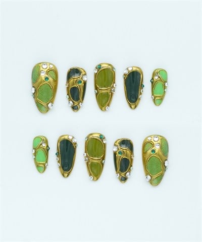 Fairy Leaves Protez Jel Takma Tırnak - El Yapımı Kalıcı Oje Nail Art Gold Chrome - NC104