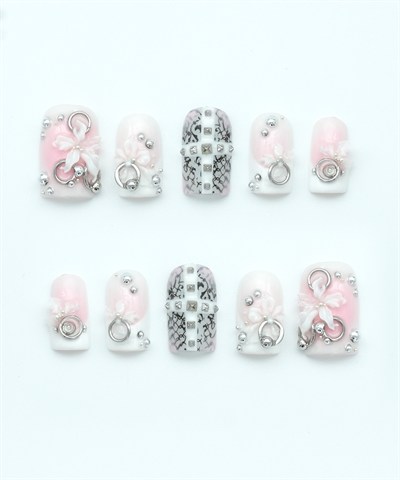 Floral Piercing Protez Jel Takma Tırnak - El Yapımı Kalıcı Oje Nail Art 3D - NC225