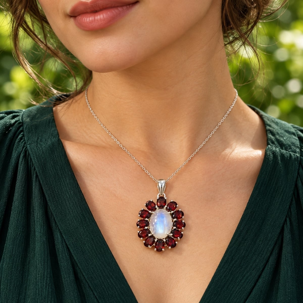 Granat Garnet ve Ay Taşı Moonstone özel tasarım doğal taş kolye TSR1488 Eysell